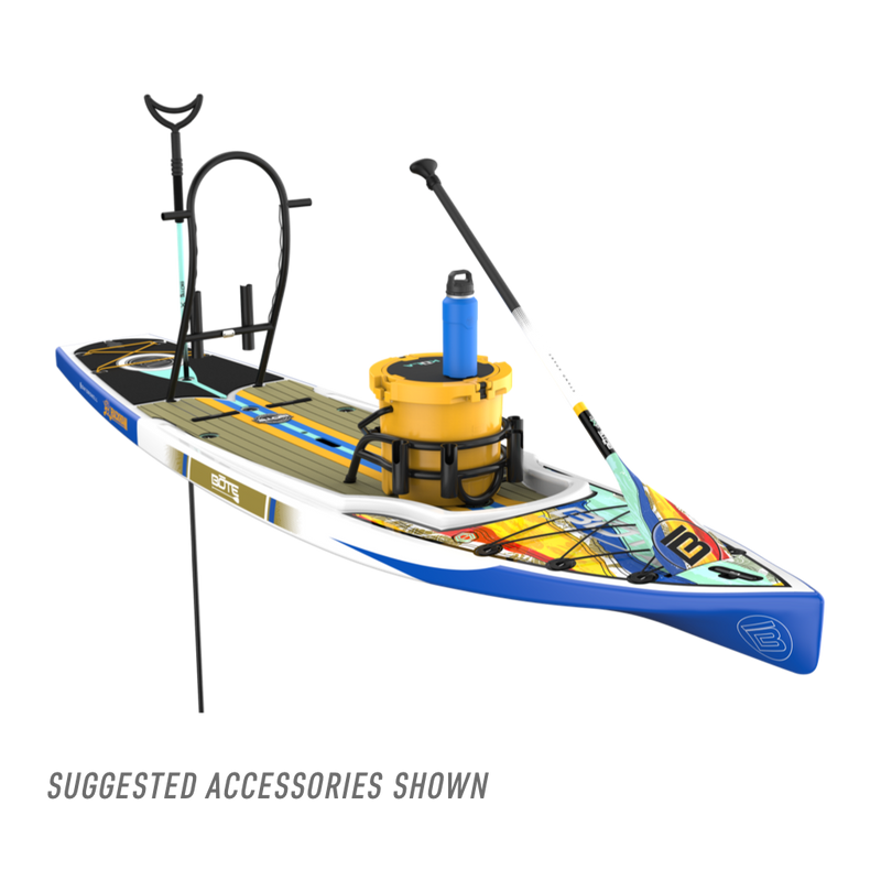 Front angled view of the Rackham 12′ Native Fusion Paddle Board with suggested accessories