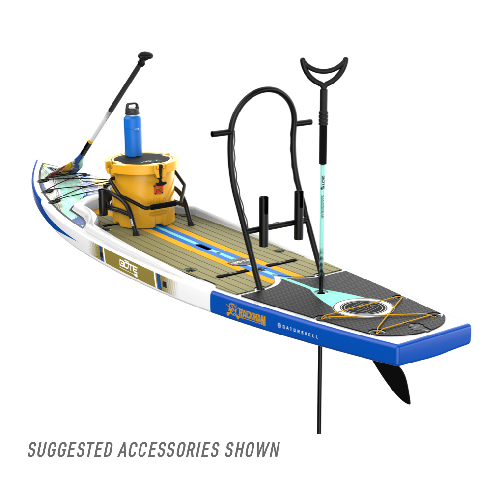 Rear angled view of the Rackham 12′ Native Fusion Paddle Board with accessories