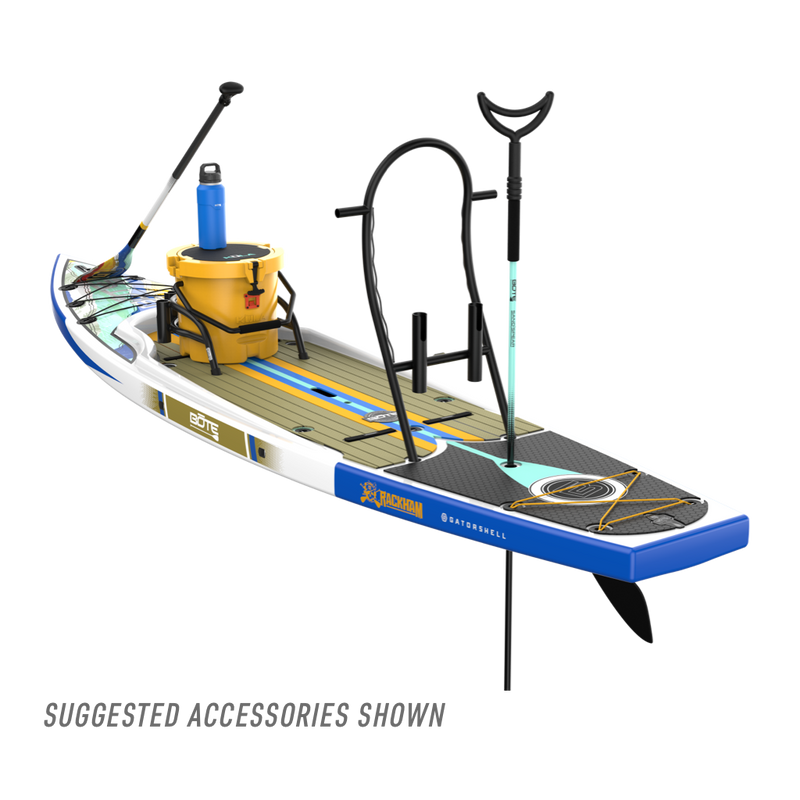 Rear angled view of the Rackham 12′ Native Fusion Paddle Board with accessories
