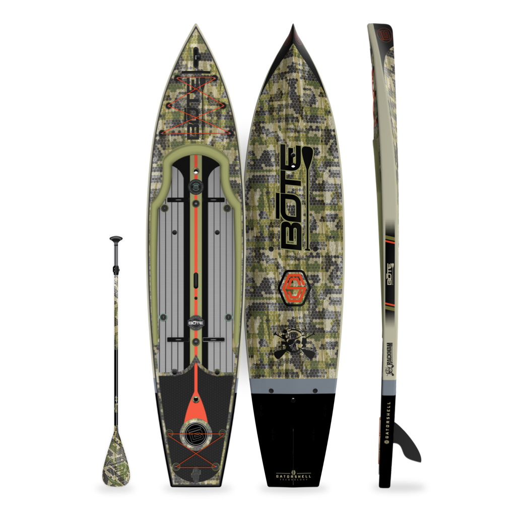 Top, side, and bottom view of the Rackham 14′ Verge Paddle Board with paddle