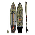 Top, side, and bottom view of the Rackham 14′ Verge Paddle Board with paddle