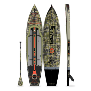 Top, side, and bottom view of the Rackham 14′ Verge Paddle Board with paddle