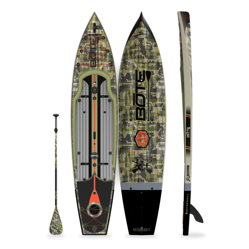 Top, side, and bottom view of the Rackham 14′ Verge Paddle Board with paddle