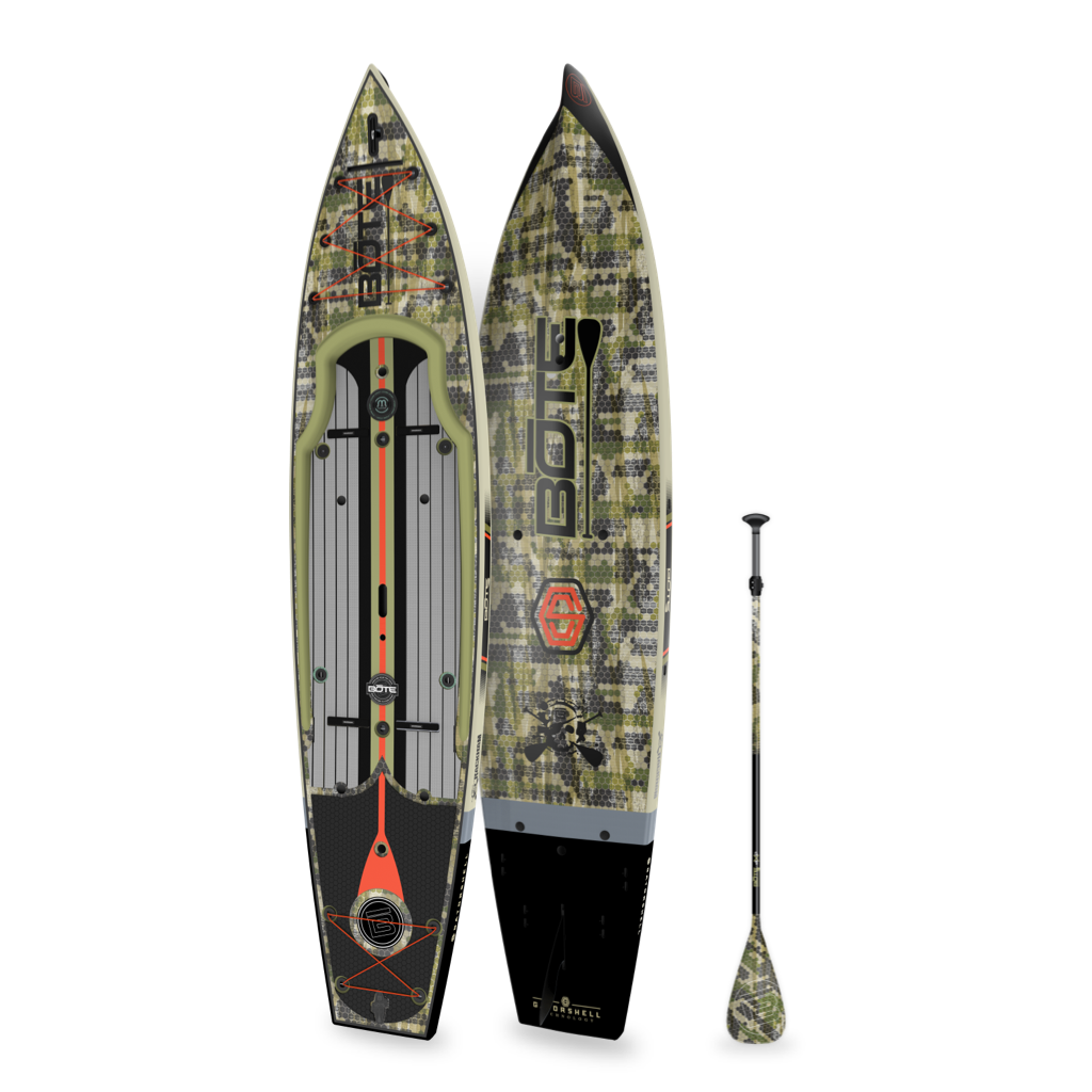 Top and bottom angled view of the Rackham 14′ Verge Paddle Board with paddle