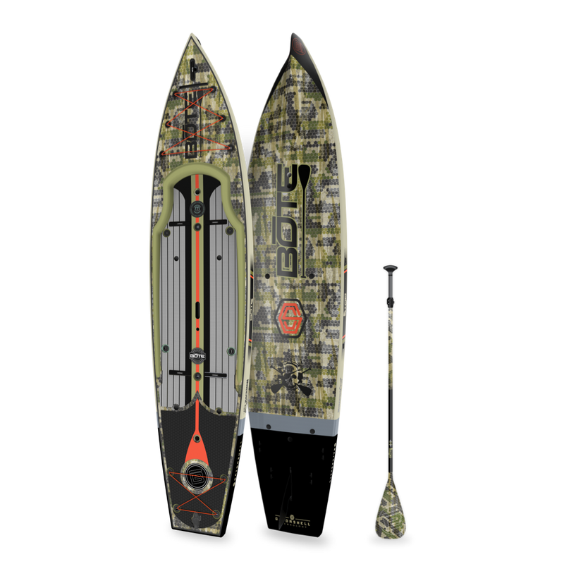 Top and bottom angled view of the Rackham 14′ Verge Paddle Board with paddle