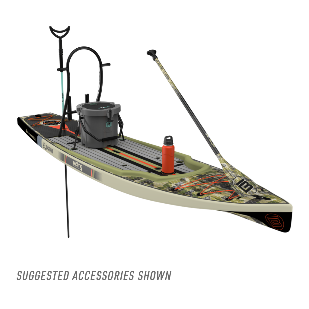 Front angled view of the Rackham 14′ Verge Paddle Board with suggested accessories