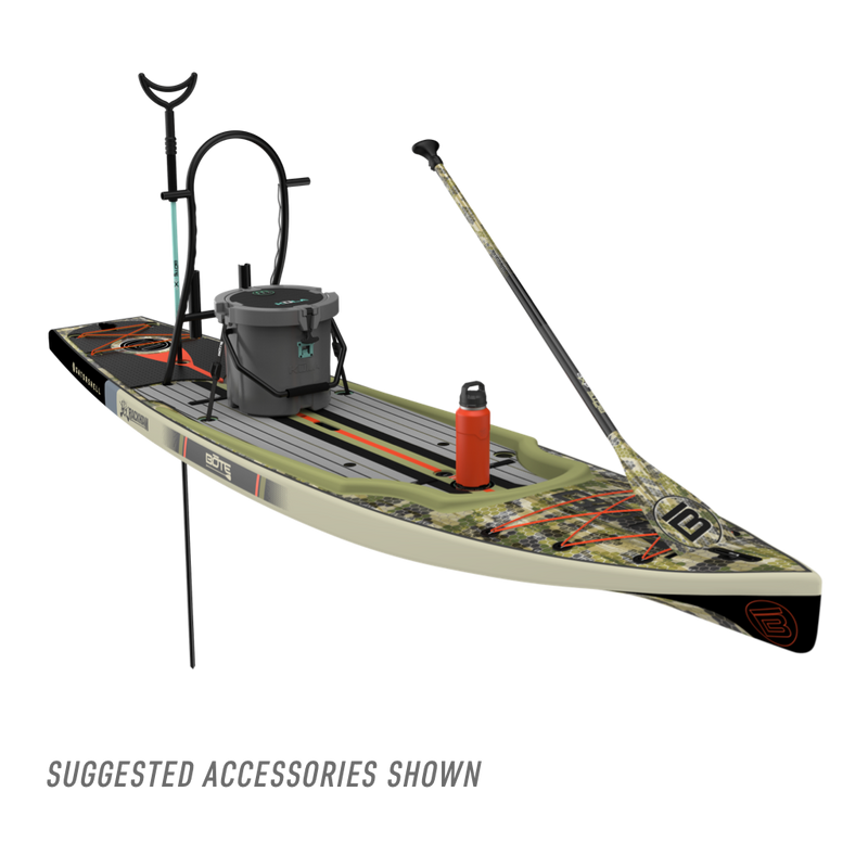 Front angled view of the Rackham 14′ Verge Paddle Board with suggested accessories