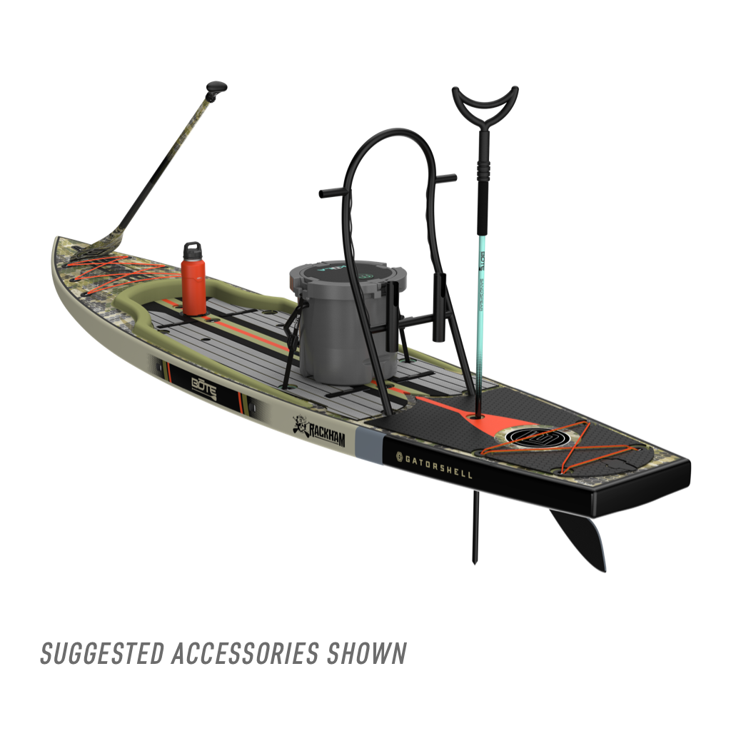 Rear angled view of the Rackham 14′ Verge Paddle Board with suggested accessories