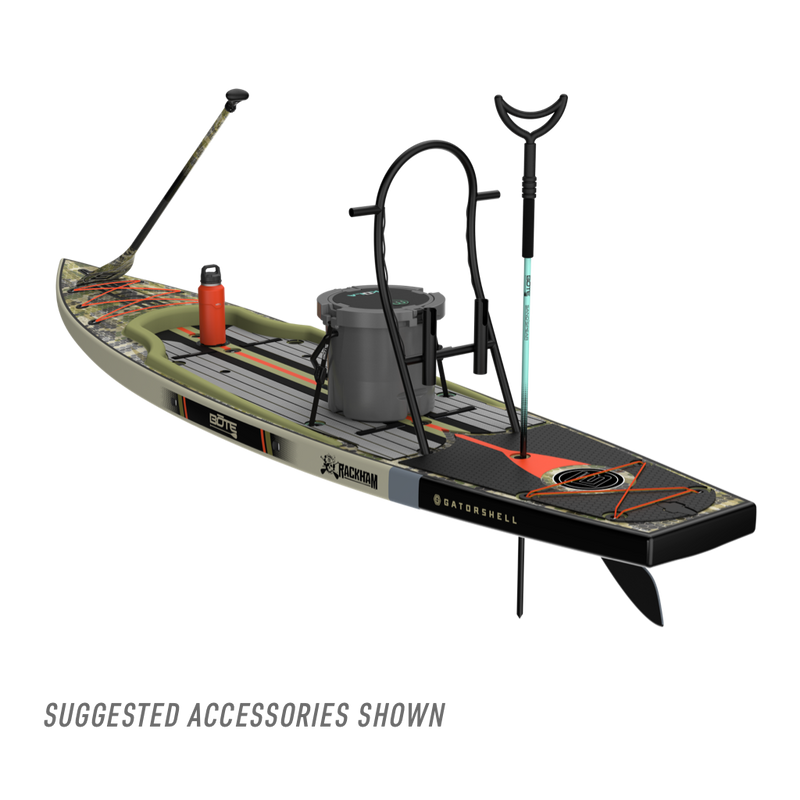 Rear angled view of the Rackham 14′ Verge Paddle Board with suggested accessories