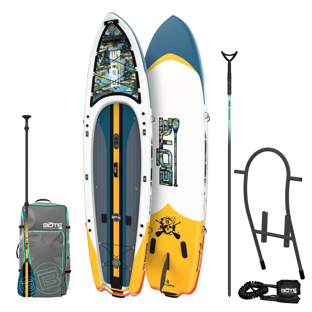 Top, base, and side views of Rackham Aero paddle board with carry bag, paddle, sandspear, tackle rac and leash