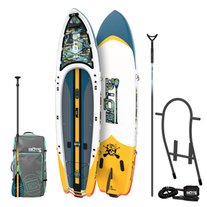 Top, base, and side views of Rackham Aero paddle board with carry bag, paddle, sandspear, tackle rac and leash