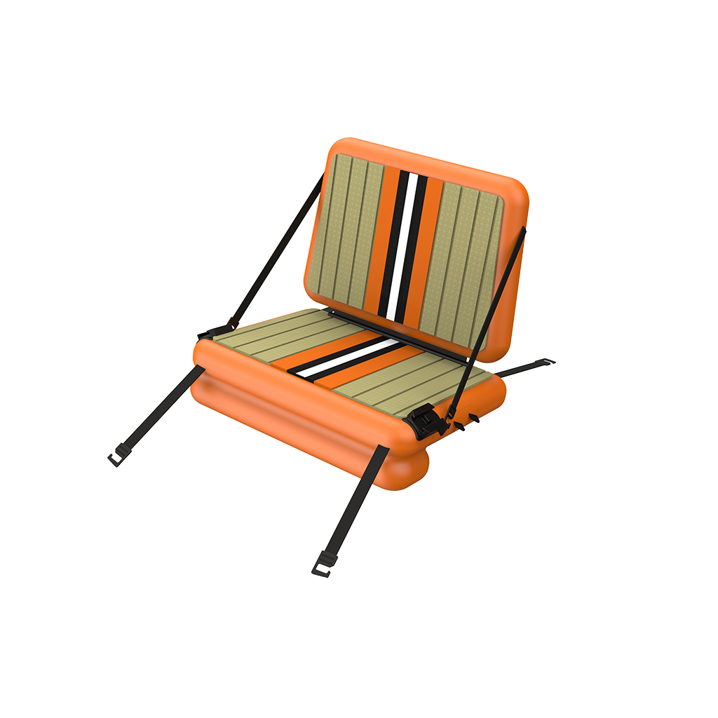 Front view of Rackham Aero Verge Camo seat replacement with black straps, bright blue sides and a brown padded top on the seat.