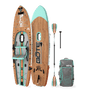 Angled view of the Rackham Aero 12′4″ Classic Mangrove Inflatable Paddle Board with travel bag and paddle