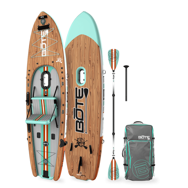Angled view of the Rackham Aero 12′4″ Classic Mangrove Inflatable Paddle Board with travel bag and paddle