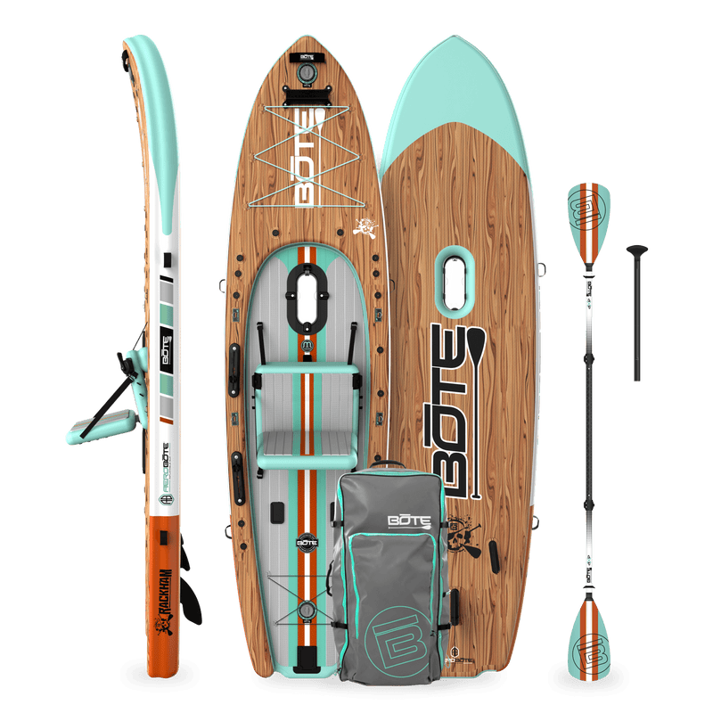 Top, side, and bottom view of the Rackham Aero 12′4″ Classic Mangrove Inflatable Paddle Board with travel bag and paddle