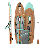 Top, side, and bottom view of the Rackham Aero 12′4″ Classic Mangrove Inflatable Paddle Board with travel bag and paddle