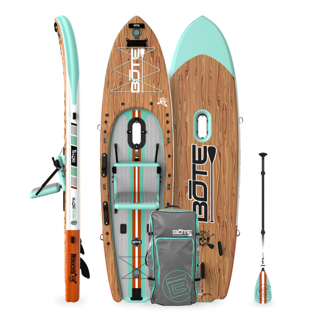 Top, side, and bottom view of the Rackham Aero 12′4″ Classic Mangrove Inflatable Paddle Board with travel bag and paddle