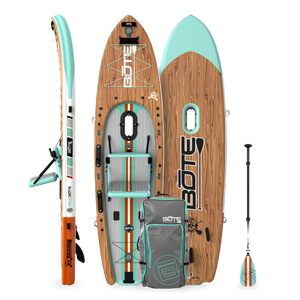 Top, side, and bottom view of the Rackham Aero 12′4″ Classic Mangrove Inflatable Paddle Board with travel bag and paddle