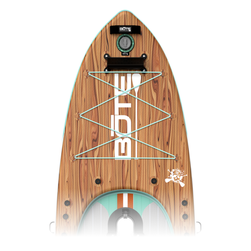 Zoomed in view of the Rackham Aero 12′4″ Classic Mangrove Inflatable Paddle Board nose area