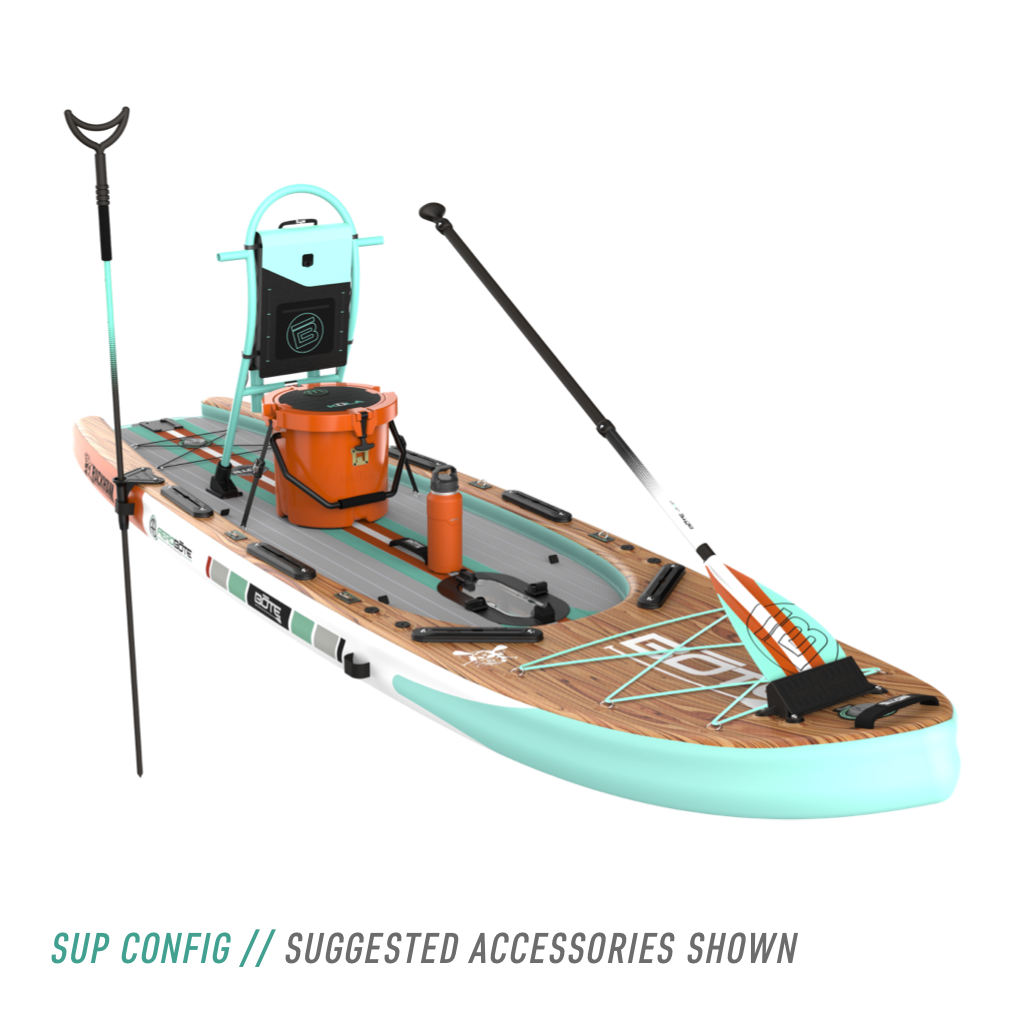 Front angled view of the Rackham Aero 12′4″ Classic Mangrove Inflatable Paddle Board with tackle rac, KULA 5, bottle, and other accessories