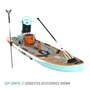 Front angled view of the Rackham Aero 12′4″ Classic Mangrove Inflatable Paddle Board with tackle rac, KULA 5, bottle, and other accessories
