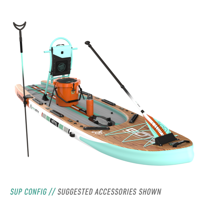 Front angled view of the Rackham Aero 12′4″ Classic Mangrove Inflatable Paddle Board with tackle rac, KULA 5, bottle, and other accessories