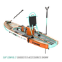 Rear angled view of the Rackham Aero 12′4″ Classic Mangrove Inflatable Paddle Board with tackle rac, KULA 5, bottom, and other accessories