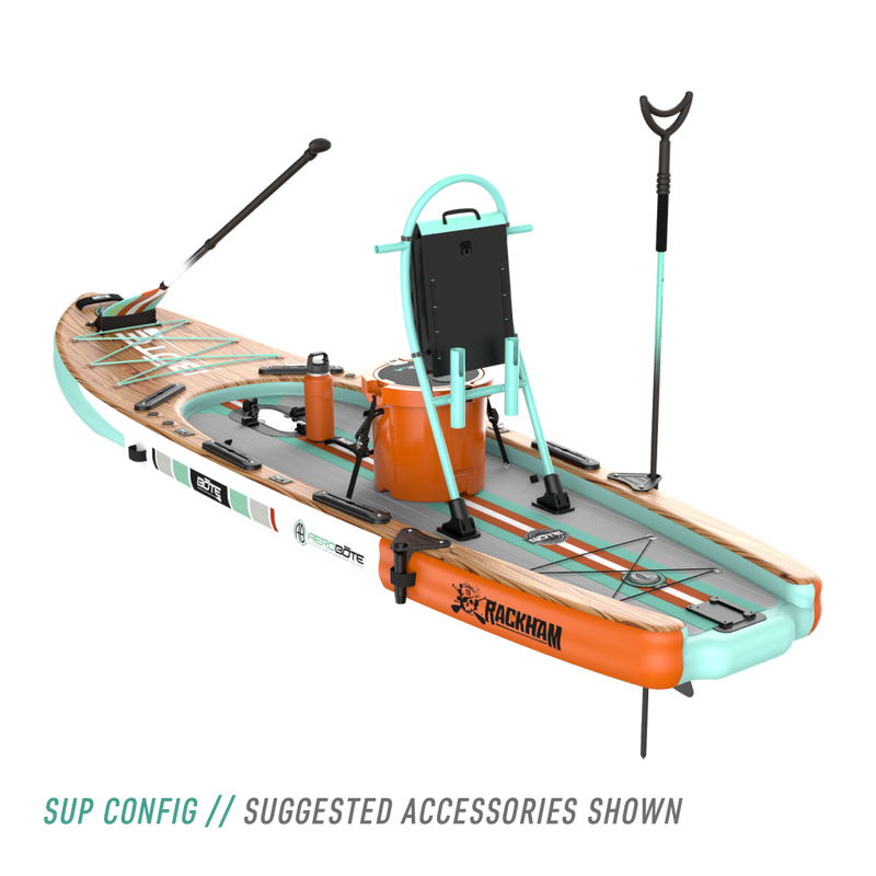 Rear angled view of the Rackham Aero 12′4″ Classic Mangrove Inflatable Paddle Board with tackle rac, KULA 5, bottom, and other accessories