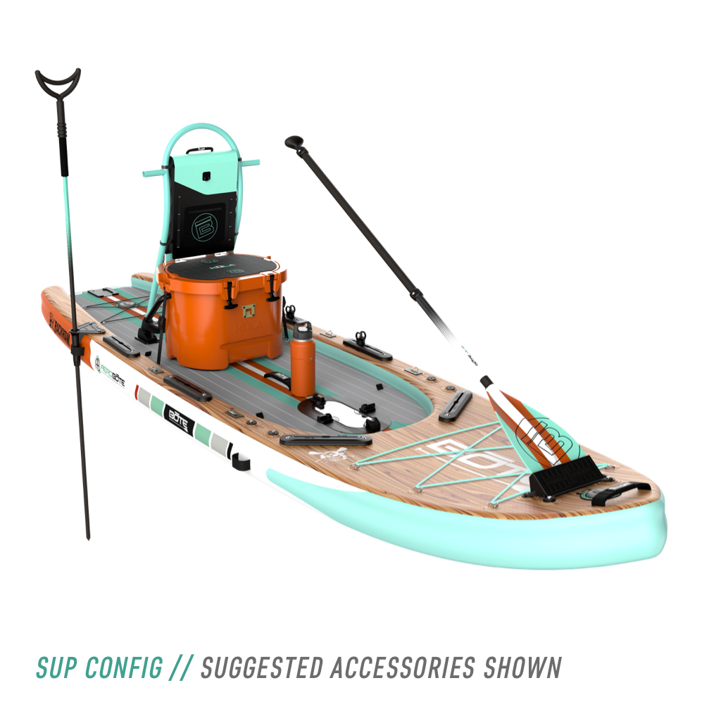 Front angled view of the Rackham Aero 12′4″ Classic Mangrove Inflatable Paddle Board with tackle rac, KULA 10, bottle, and other accessories