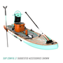 Front angled view of the Rackham Aero 12′4″ Classic Mangrove Inflatable Paddle Board with tackle rac, KULA 10, bottle, and other accessories