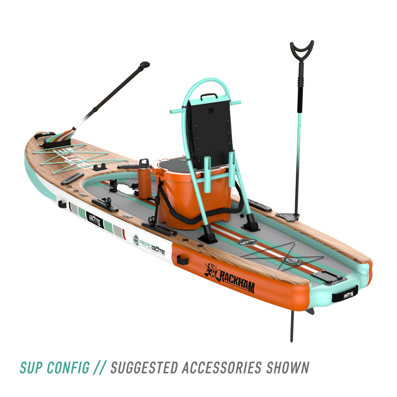 Rear angled view of the Rackham Aero 12′4″ Classic Mangrove Inflatable Paddle Board with tackle rac, KULA 10, bottom, and other accessories