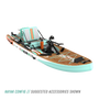 Front angled view of the Rackham Aero 12′4″ Classic Mangrove Inflatable Paddle Board in kayak configuration with mini rocket rac, pedal drive and other accessories