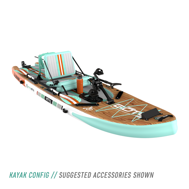 Front angled view of the Rackham Aero 12′4″ Classic Mangrove Inflatable Paddle Board in kayak configuration with mini rocket rac, pedal drive and other accessories