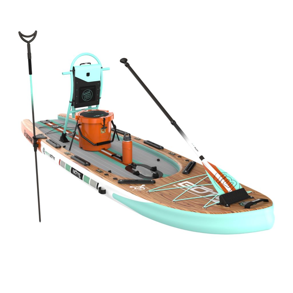 Front angled view of the Rackham Aero 12′4″ Classic Mangrove Inflatable Paddle Board in sup configuration with tackle rac, KULA 5 cooler, and other accessories