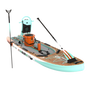 Front angled view of the Rackham Aero 12′4″ Classic Mangrove Inflatable Paddle Board in sup configuration with tackle rac, KULA 5 cooler, and other accessories