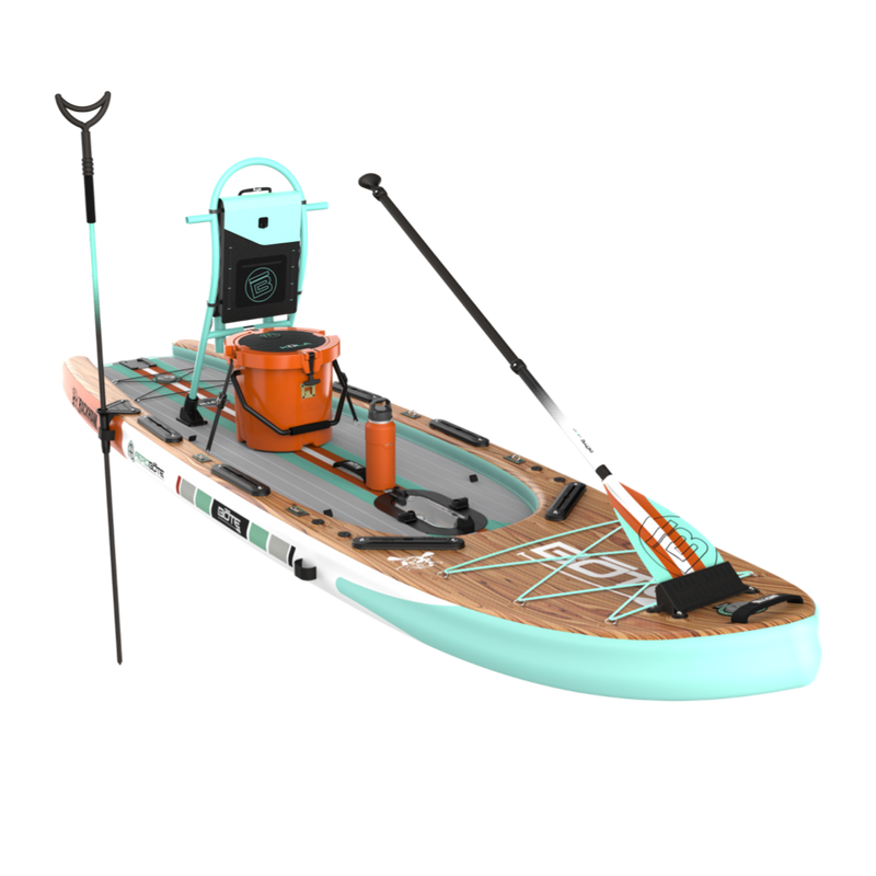 Front angled view of the Rackham Aero 12′4″ Classic Mangrove Inflatable Paddle Board in sup configuration with tackle rac, KULA 5 cooler, and other accessories