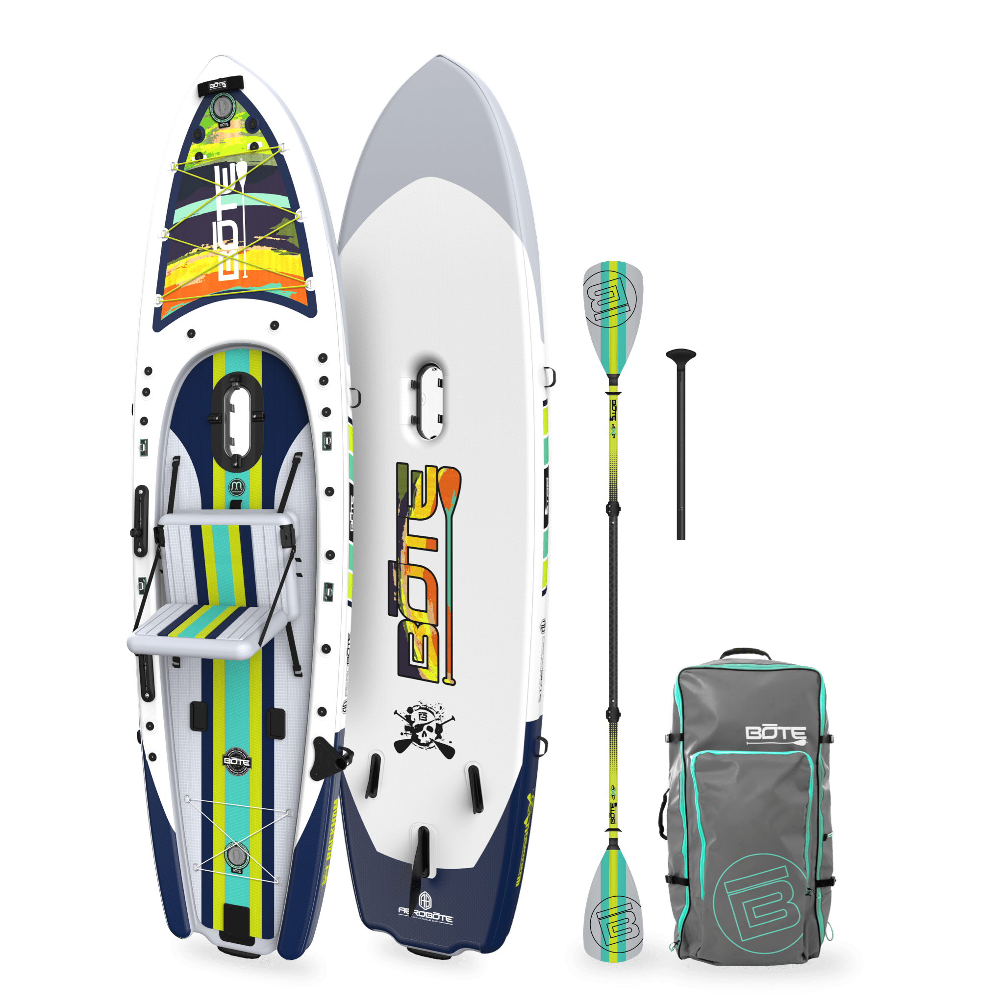 Angled view of the Rackham Aero 12′4″ Native Arches Inflatable Paddle Board with travel bag and paddle