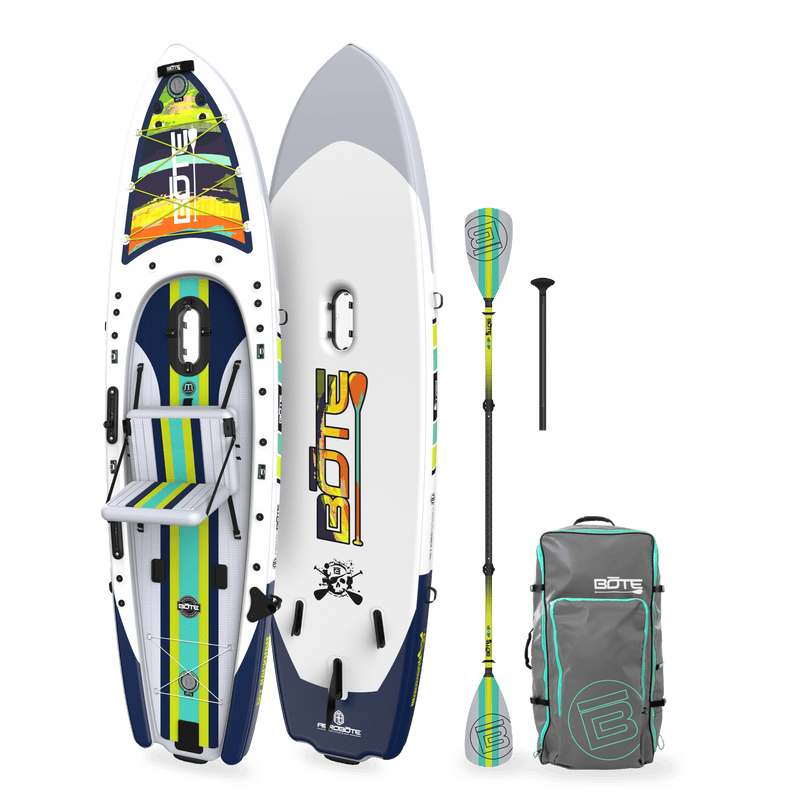 Angled view of the Rackham Aero 12′4″ Native Arches Inflatable Paddle Board with travel bag and paddle