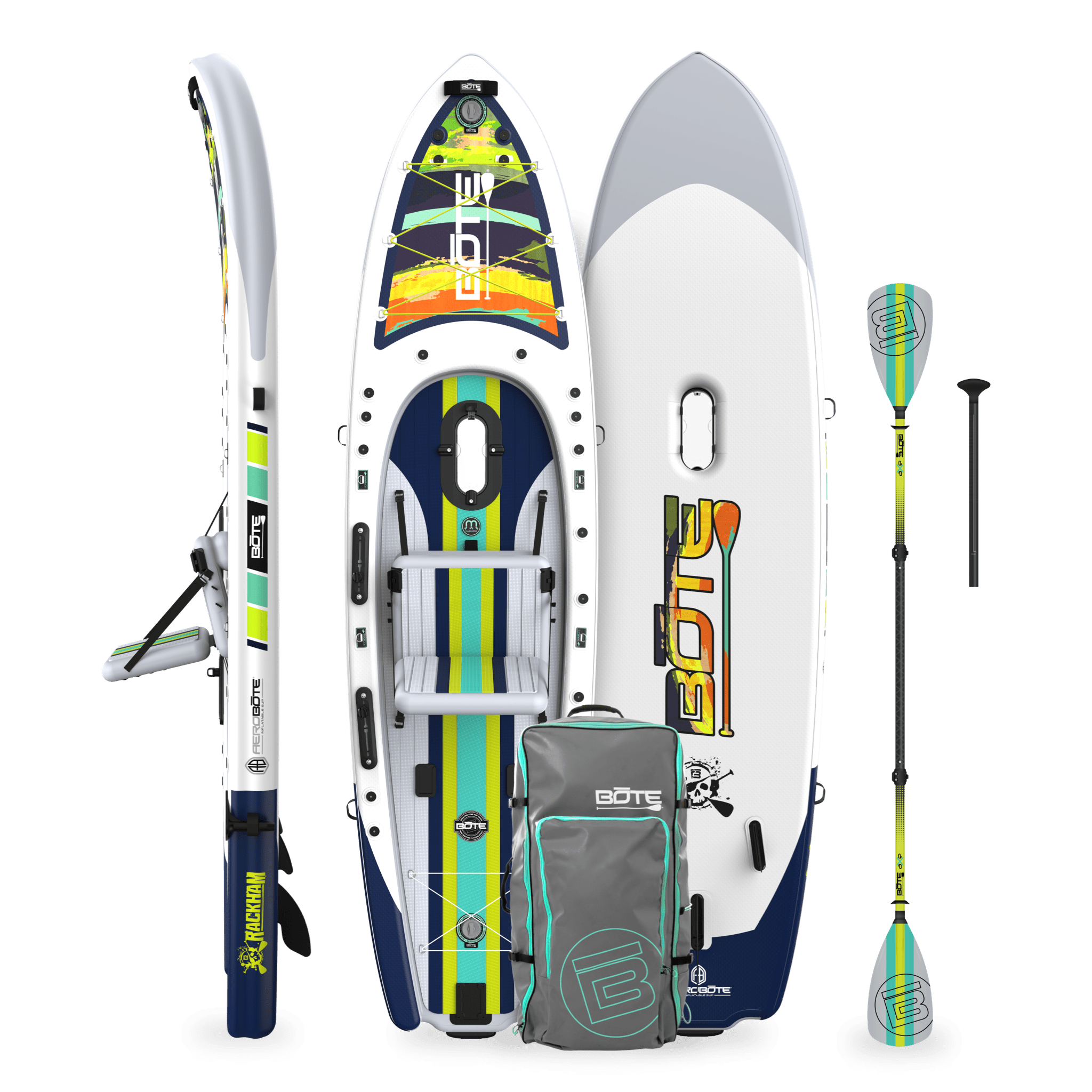 Top, side, and bottom view of the Rackham Aero 12′4″ Native Arches Inflatable Paddle Board with travel bag and paddle