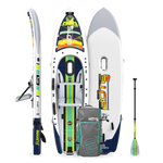 Top, side, and bottom view of the Rackham Aero 12′4″ Native Arches Inflatable Paddle Board with travel bag and paddle
