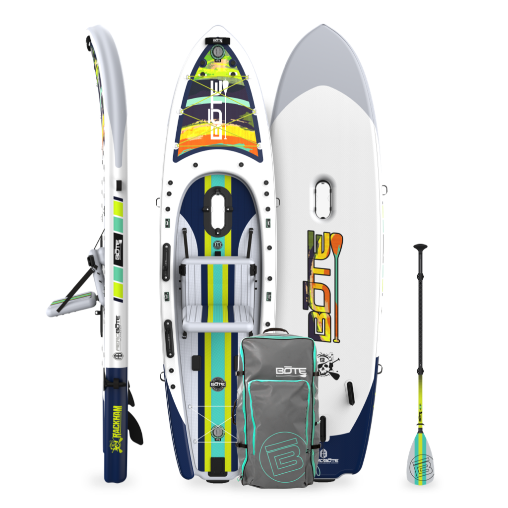 Top, side, and bottom view of the Rackham Aero 12′4″ Native Arches Inflatable Paddle Board with travel bag and paddle