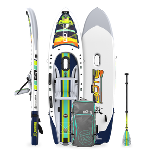 Top, side, and bottom view of the Rackham Aero 12′4″ Native Arches Inflatable Paddle Board with travel bag and paddle