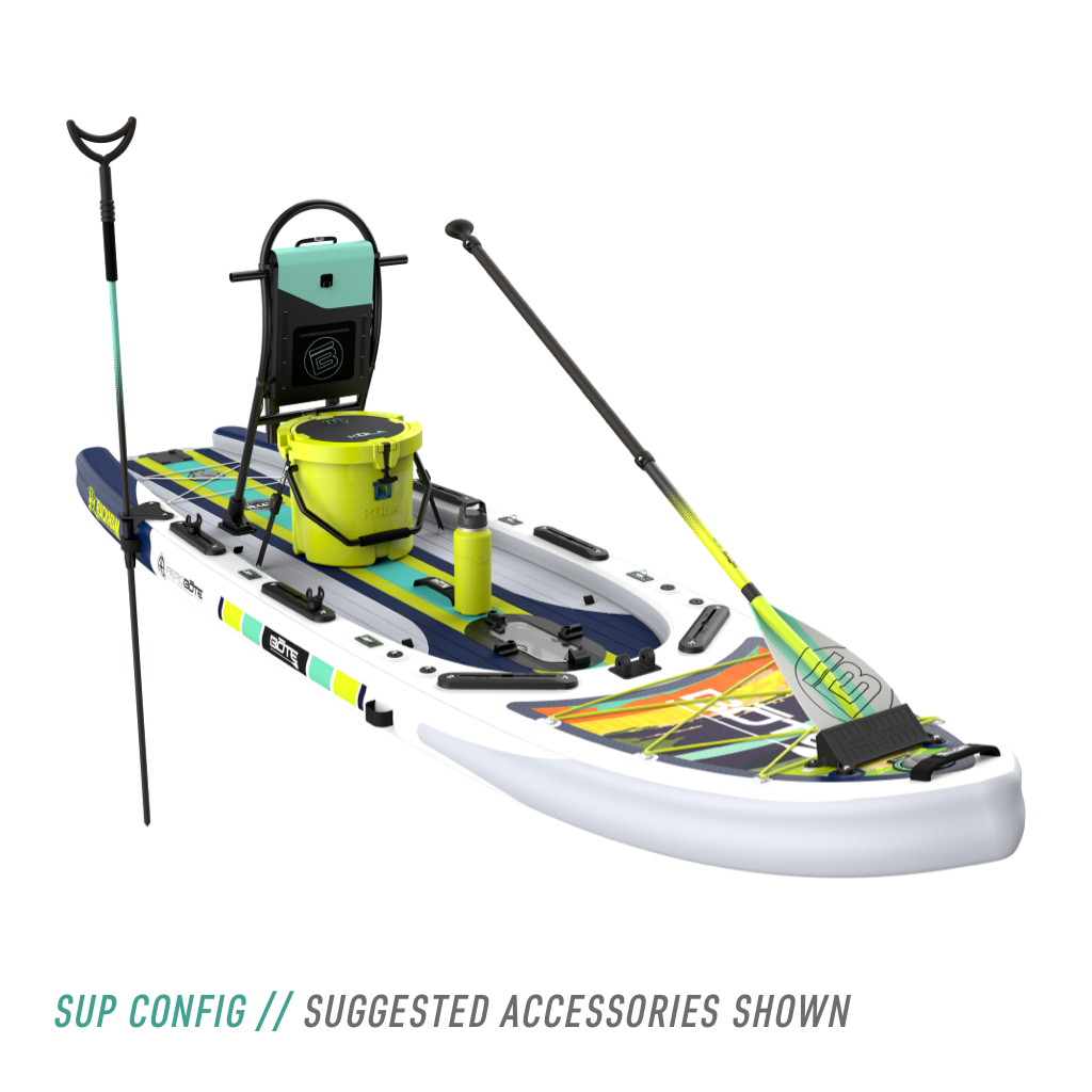Front angled view of the Rackham Aero 12′4″ Native Arches Inflatable Paddle Board with tackle rac, KULA 5 cooler, paddle, and more accessories