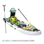 Front angled view of the Rackham Aero 12′4″ Native Arches Inflatable Paddle Board with tackle rac, KULA 5 cooler, paddle, and more accessories