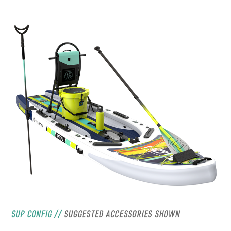 Front angled view of the Rackham Aero 12′4″ Native Arches Inflatable Paddle Board with tackle rac, KULA 5 cooler, paddle, and more accessories