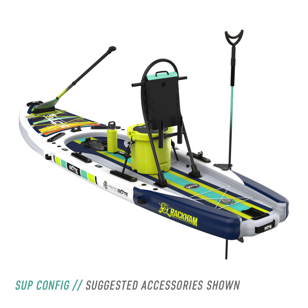 Rear angled view of the Rackham Aero 12′4″ Native Arches Inflatable Paddle Board with tackle rac, KULA 5 cooler, paddle, and more accessories