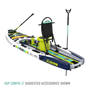 Rear angled view of the Rackham Aero 12′4″ Native Arches Inflatable Paddle Board with tackle rac, KULA 5 cooler, paddle, and more accessories