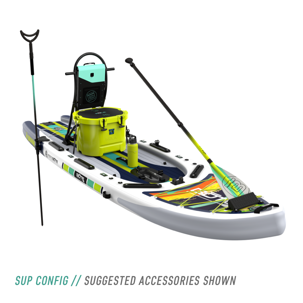 Front angled view of the Rackham Aero 12′4″ Native Arches Inflatable Paddle Board with tackle rac, KULA 10 cooler, paddle, and more accessories