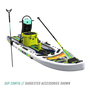 Front angled view of the Rackham Aero 12′4″ Native Arches Inflatable Paddle Board with tackle rac, KULA 10 cooler, paddle, and more accessories