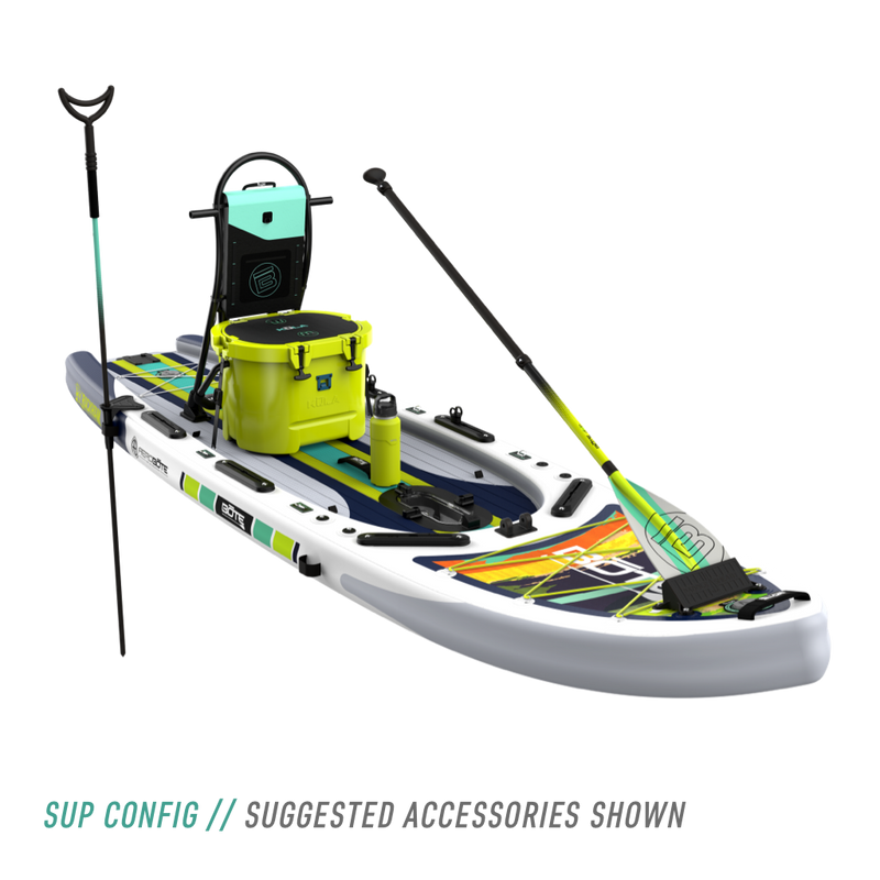 Front angled view of the Rackham Aero 12′4″ Native Arches Inflatable Paddle Board with tackle rac, KULA 10 cooler, paddle, and more accessories